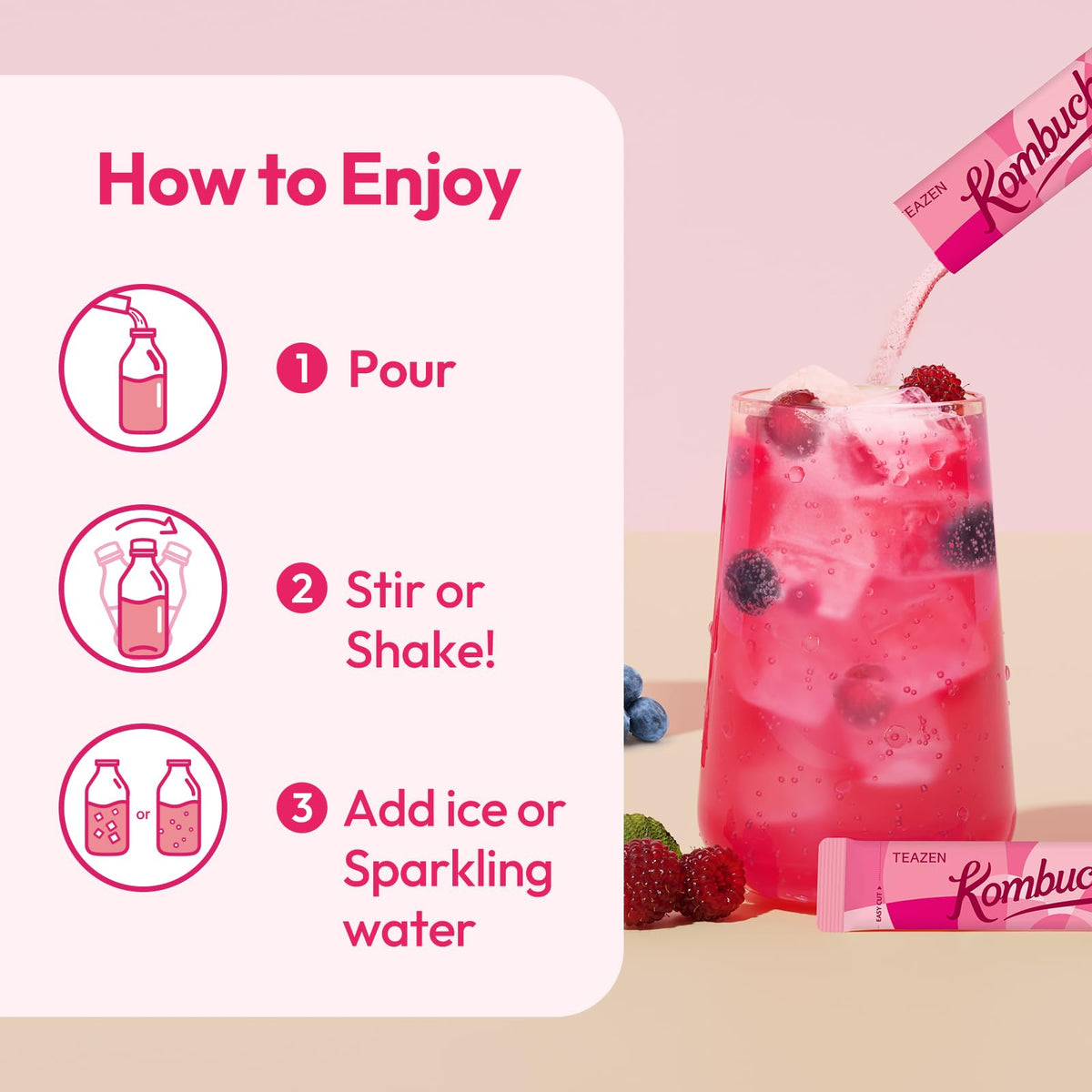 TEAZEN Berry Kombucha glass with ice, a fruity, refreshing hydration option.