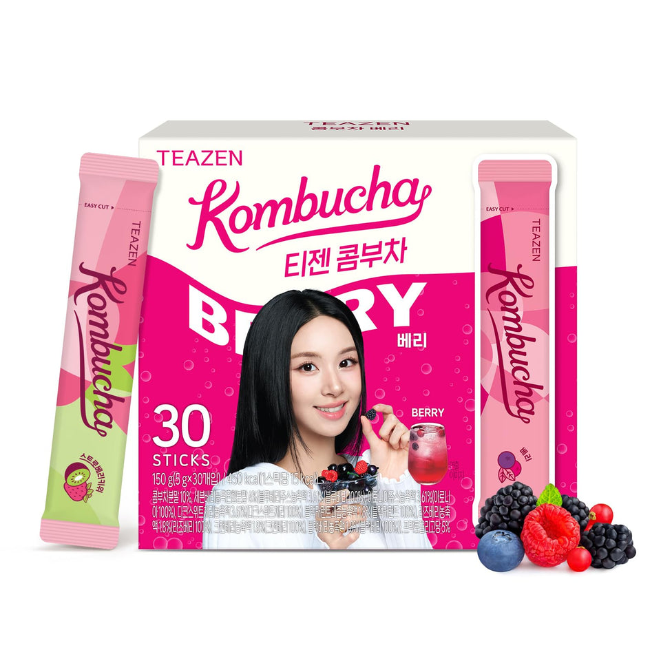 TEAZEN Berry Kombucha packet ready to mix for on-the-go refreshment.