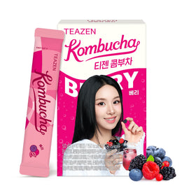 TEAZEN Berry Kombucha Powder pack highlighting vibrant berry flavor for quick on-the-go refreshment.