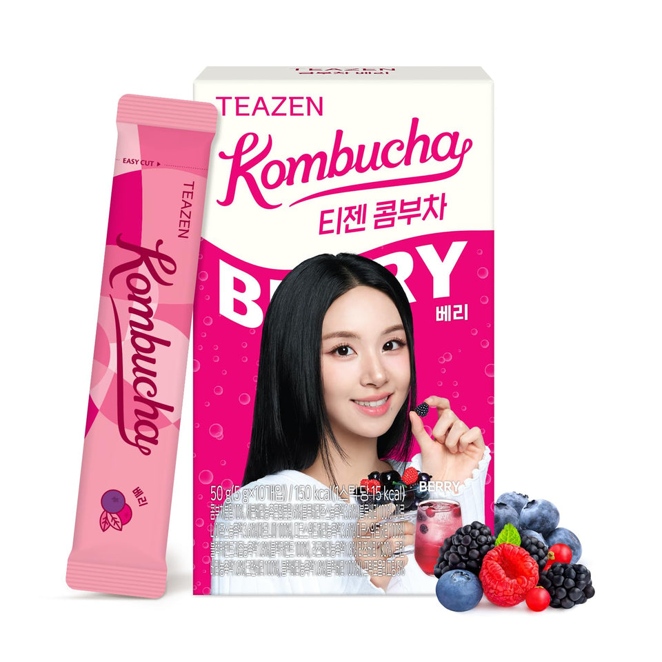 TEAZEN Berry Kombucha Powder pack highlighting vibrant berry flavor for quick on-the-go refreshment.