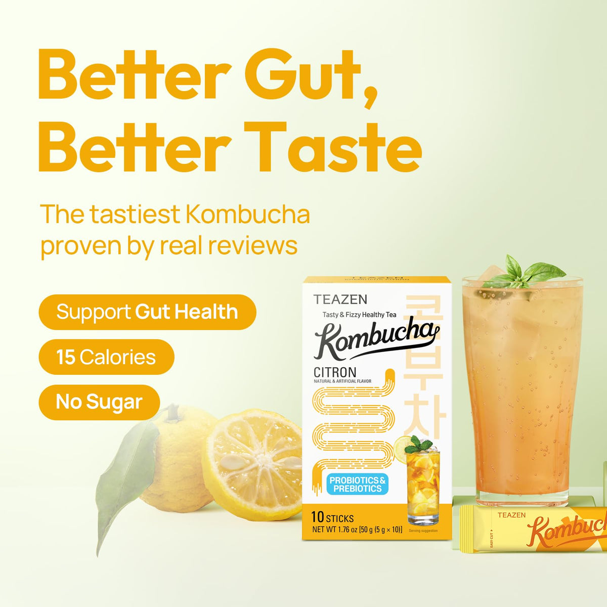 TEAZEN Citron Kombucha dissolving in cold water in seconds