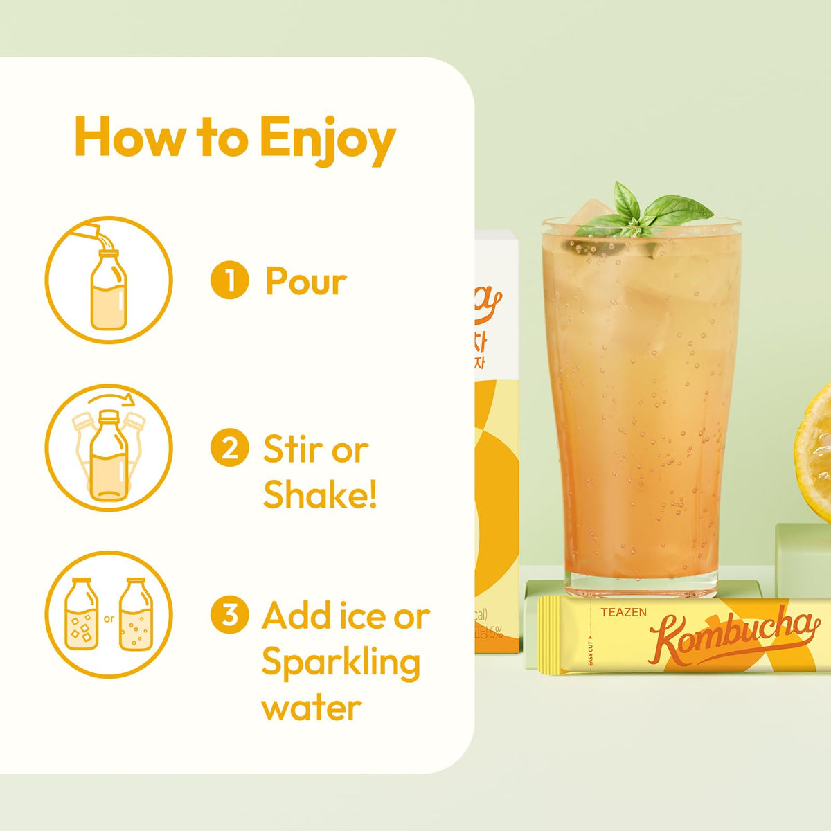 Glass with TEAZEN Citron Kombucha and bubbles, cold and refreshing