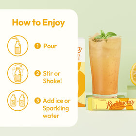Glass with TEAZEN Citron Kombucha and bubbles, cold and refreshing