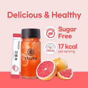 TEAZEN grapefruit tea powder beverage-ready cup, ideal for home or office.