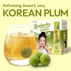 TEAZEN Korean Plum Kombucha packet close-up emphasizing easy-to-carry single serves.