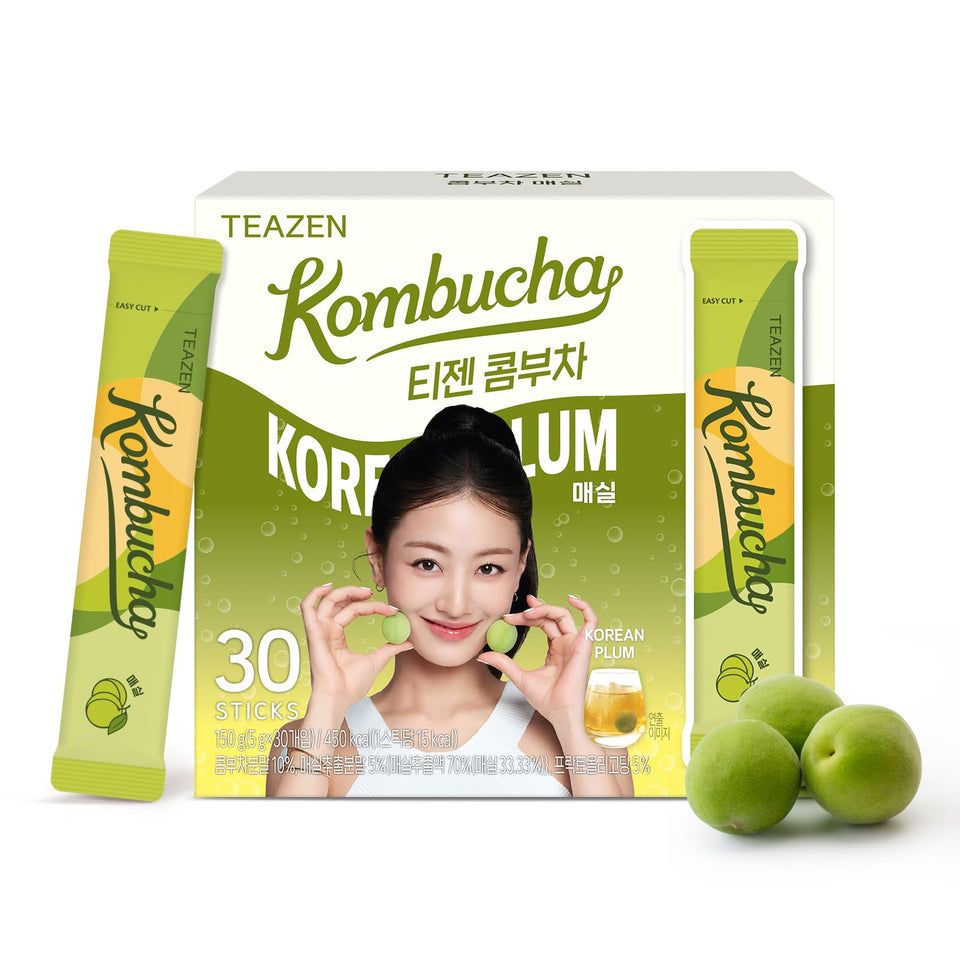 TEAZEN Korean Plum Kombucha stick dissolving in water for on-the-go refreshment.
