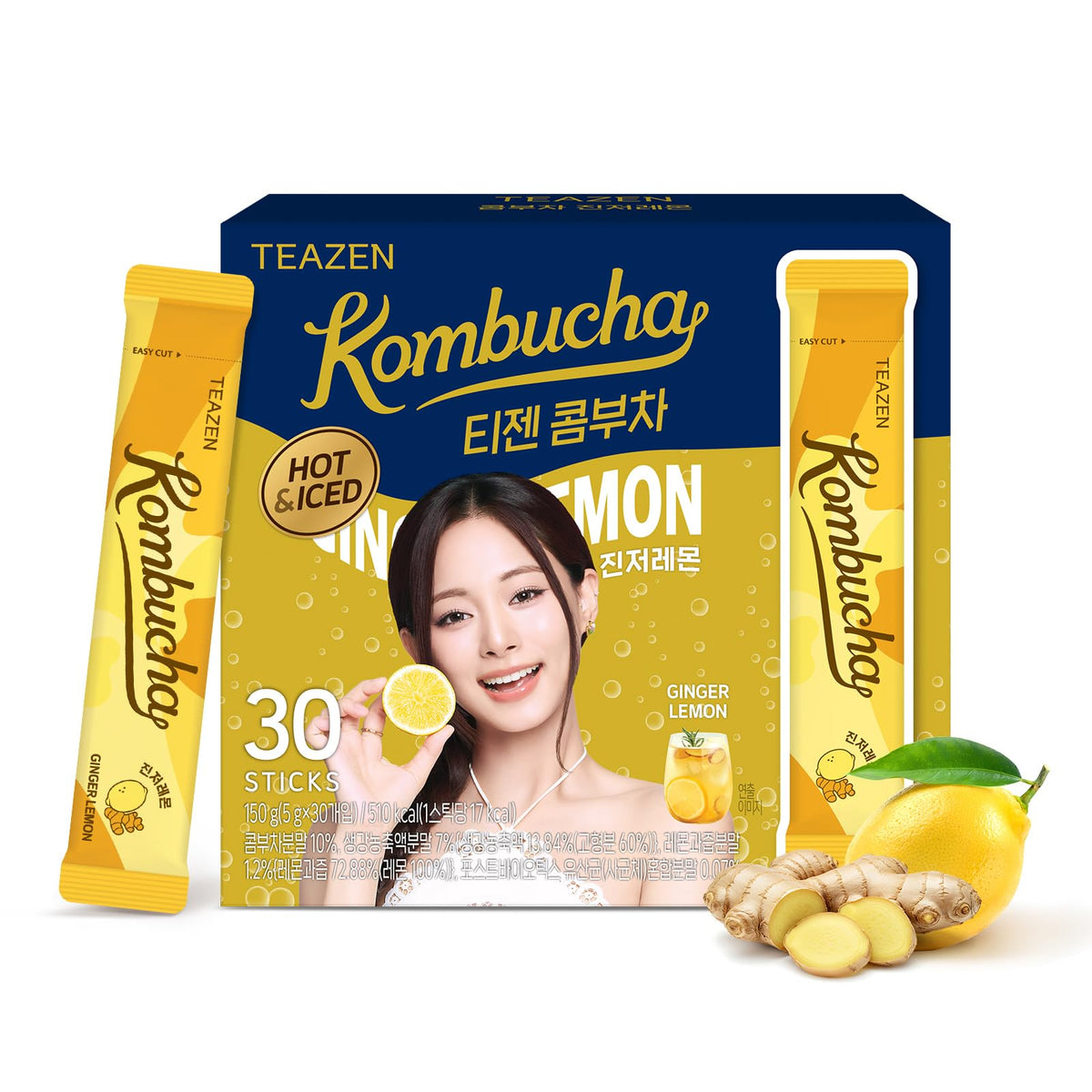 TEAZEN lemon-ginger hot kombucha tea packet dissolving in hot water for a cozy sip