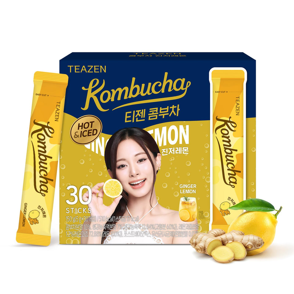 TEAZEN lemon-ginger hot kombucha tea packet dissolving in hot water for a cozy sip