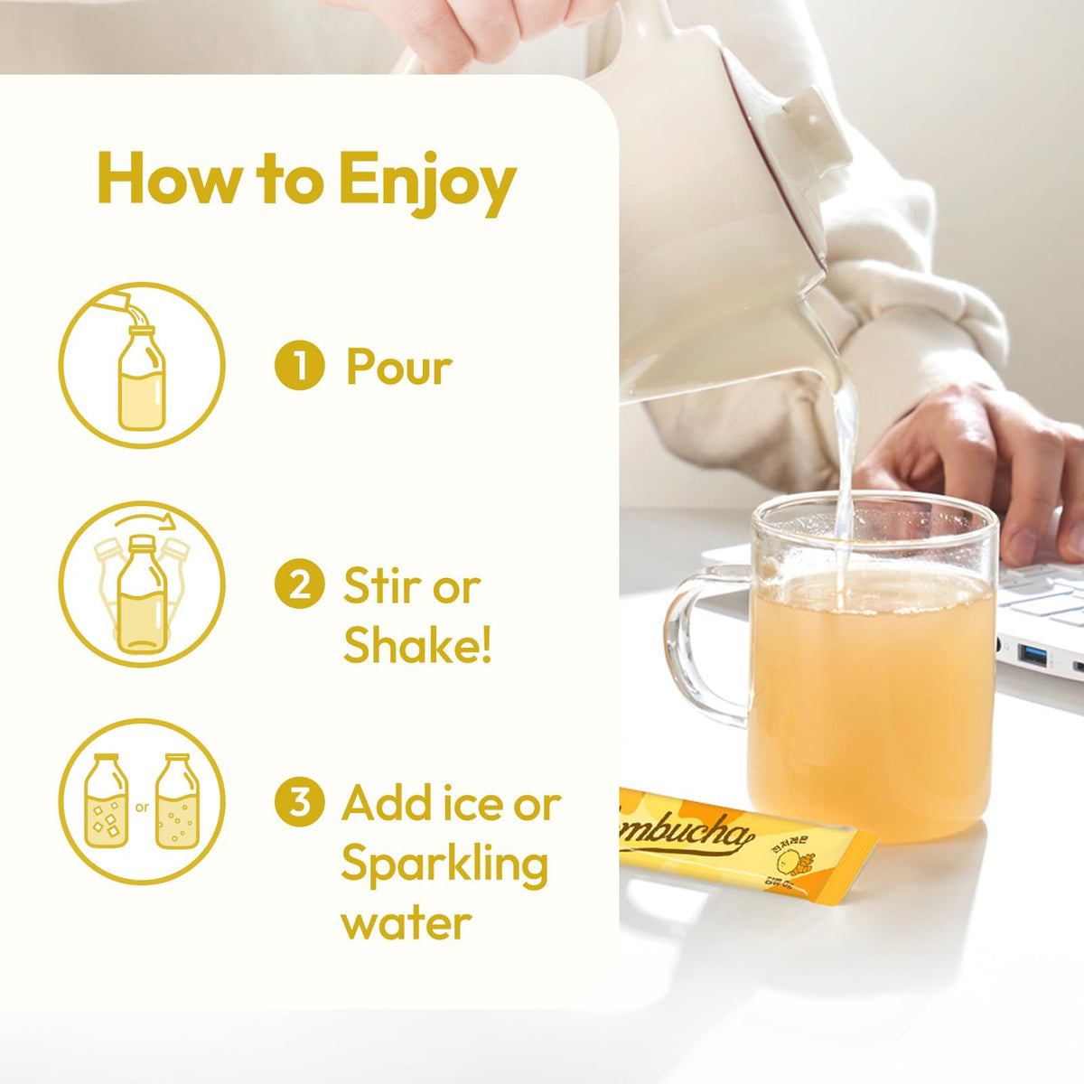 TEAZEN Lemon Ginger Kombucha hot tea in a steaming cup