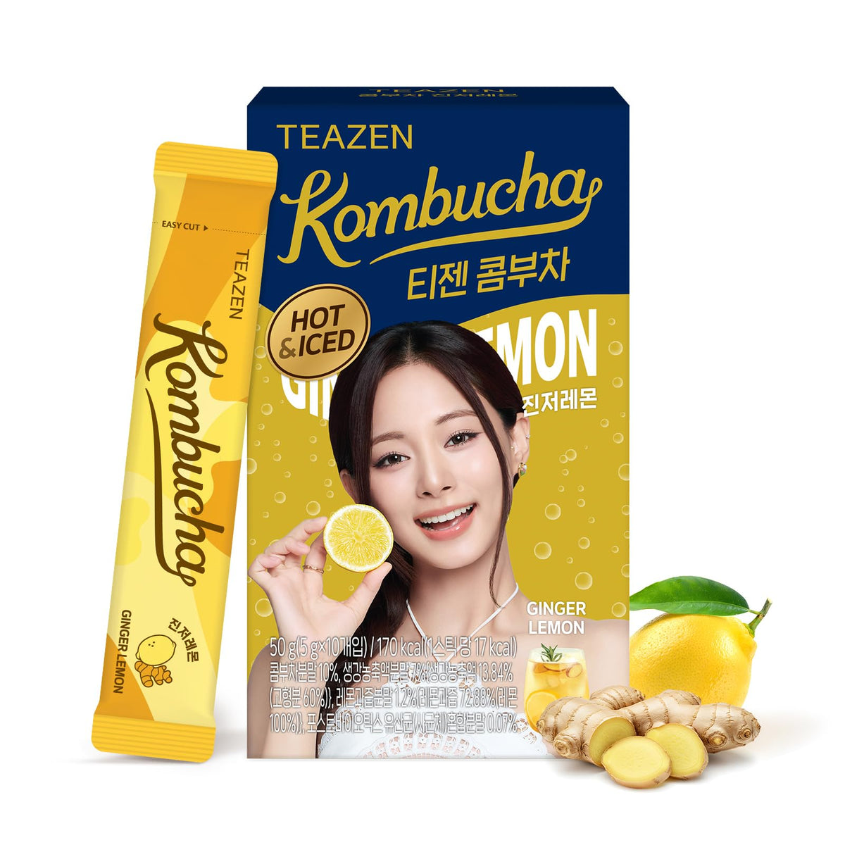 TEAZEN Lemon Ginger Kombucha packet on the go for quick refreshment