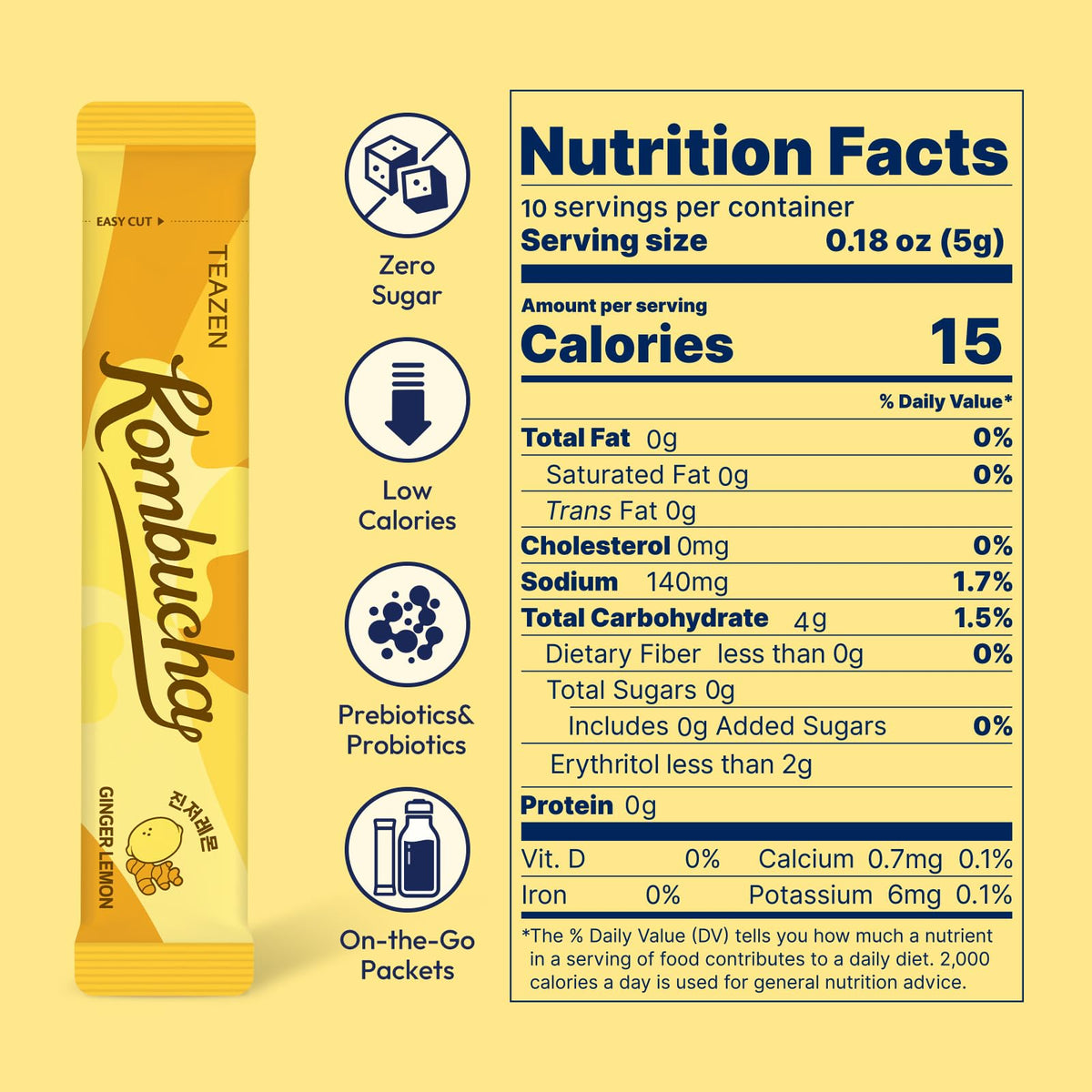 TEAZEN Lemon Ginger Kombucha with prebiotics and probiotics supports daily hydration choices