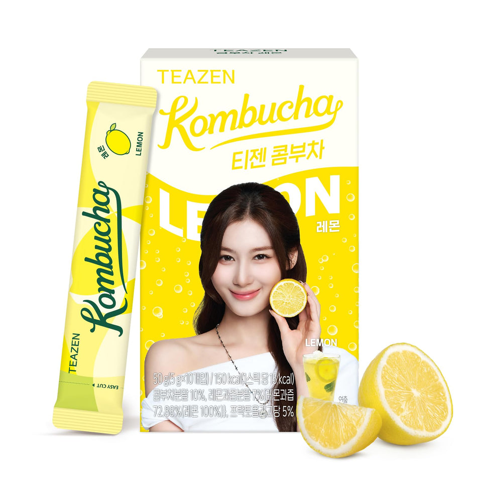 TEAZEN Lemon Kombucha packet dissolves in cold water for a quick, refreshing sip.
