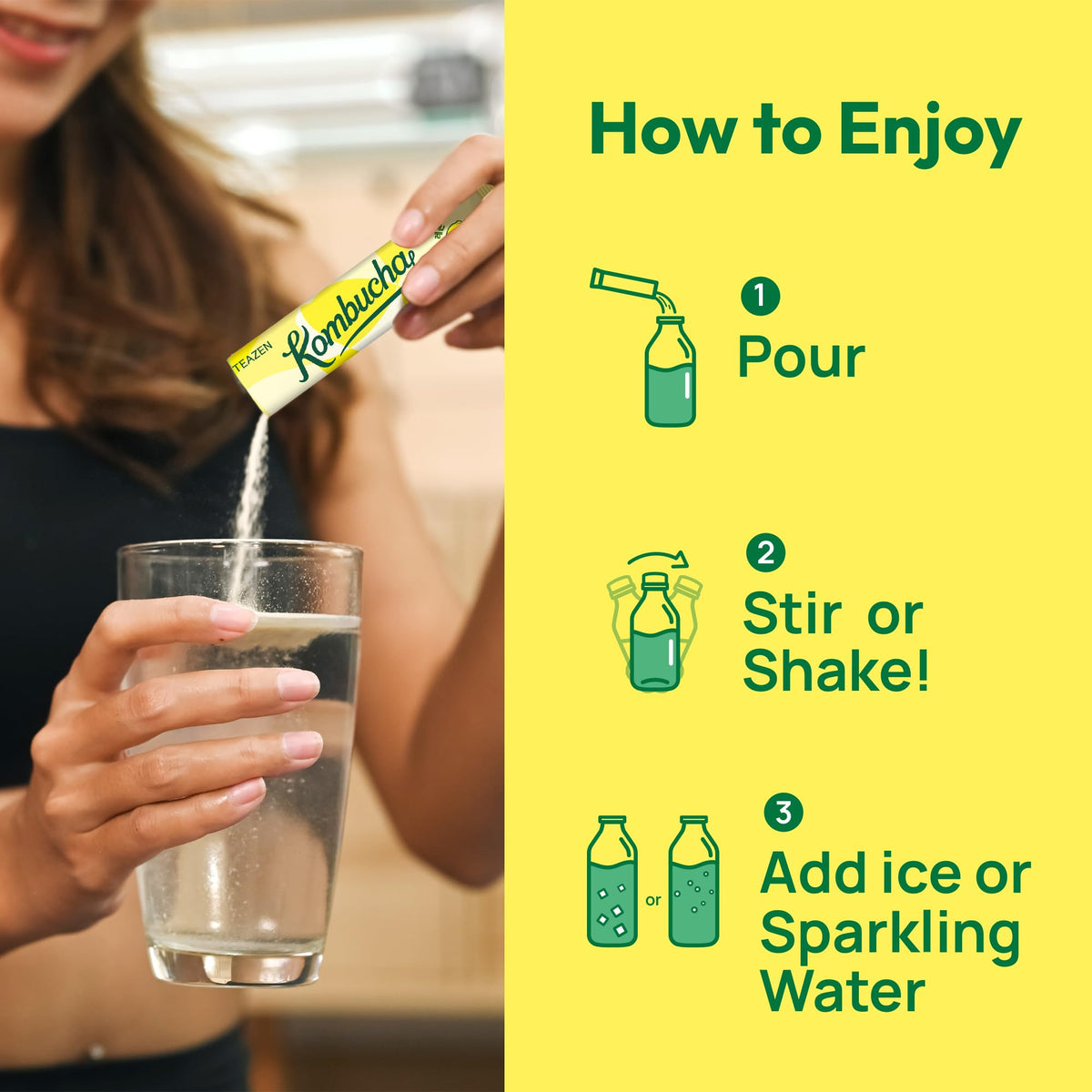 TEAZEN Lemon Kombucha Powder in a glass of cold water with ice.