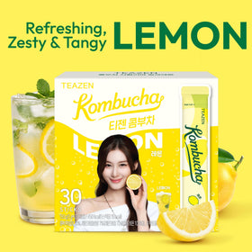 TEAZEN Lemon Kombucha Powder on-the-go packets for travel hydration.