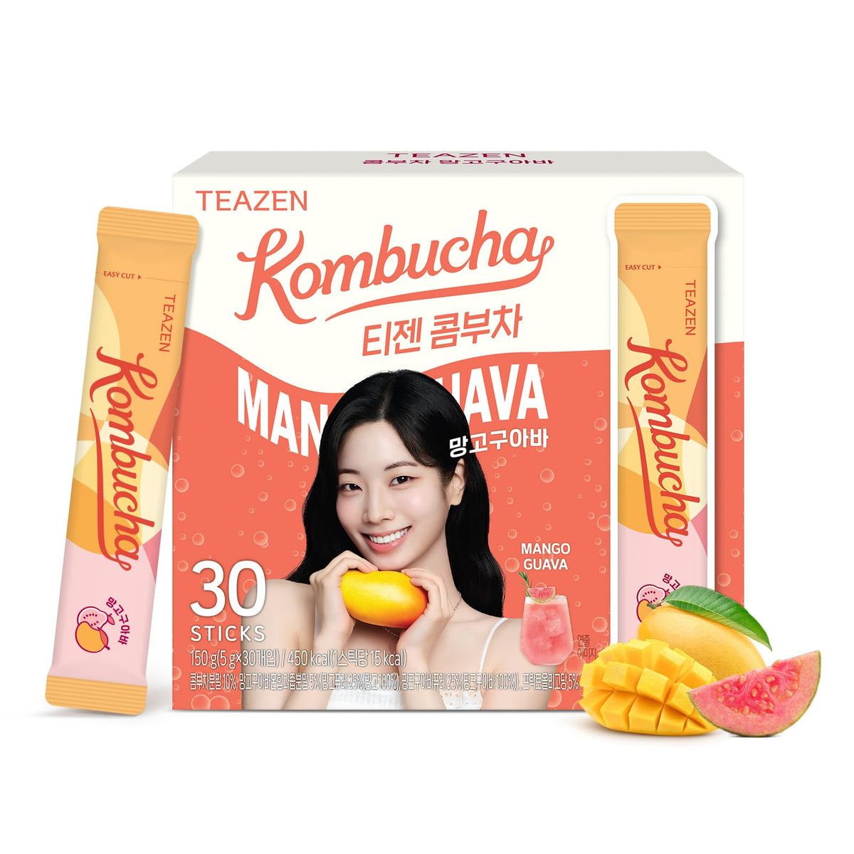 TEAZEN Mango Guava Kombucha Packet dissolves quickly in cold water for on-the-go refreshment.