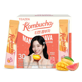 TEAZEN Mango Guava Kombucha Packet dissolves quickly in cold water for on-the-go refreshment.