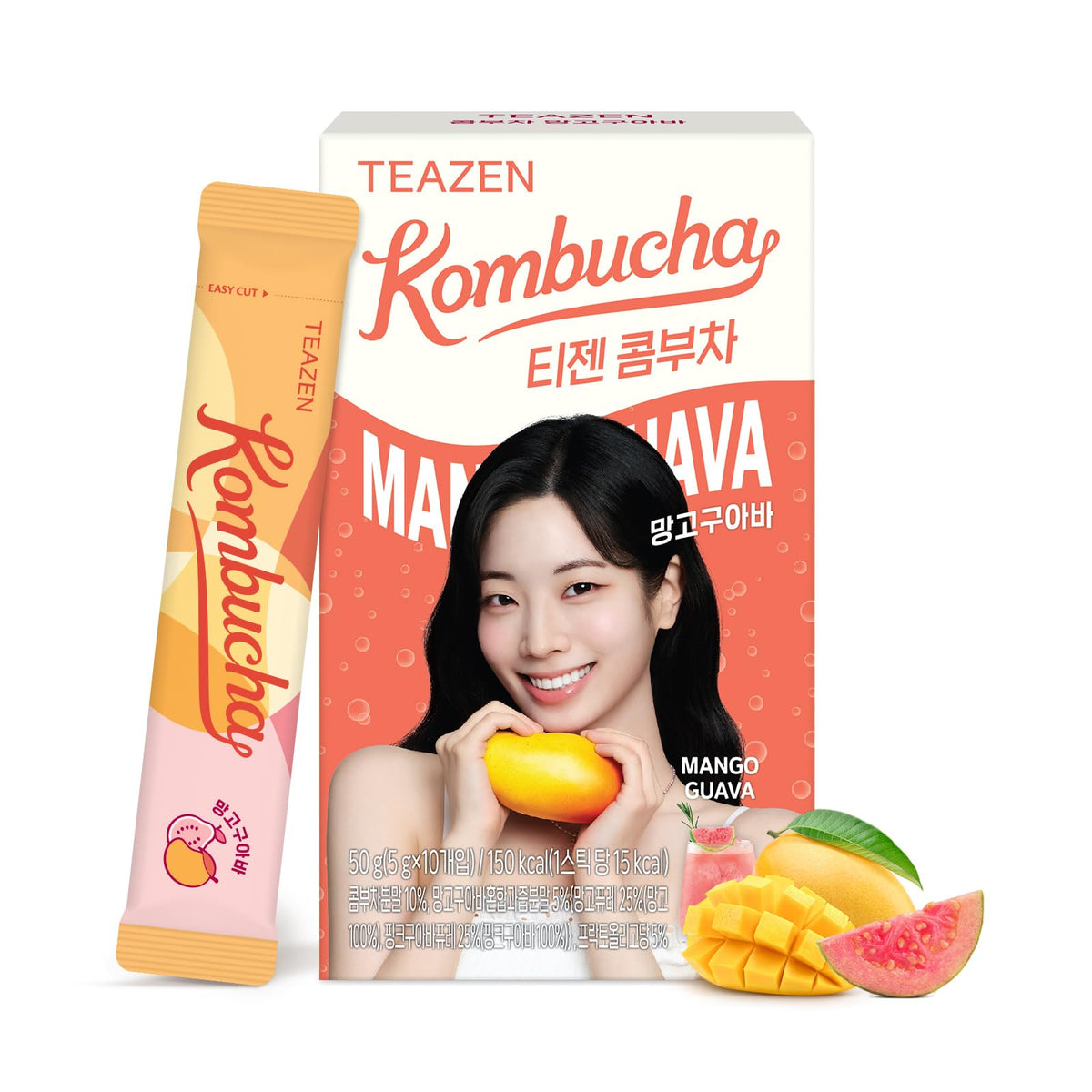 TEAZEN Mango Guava Kombucha Powder packet for easy on-the-go hydration.