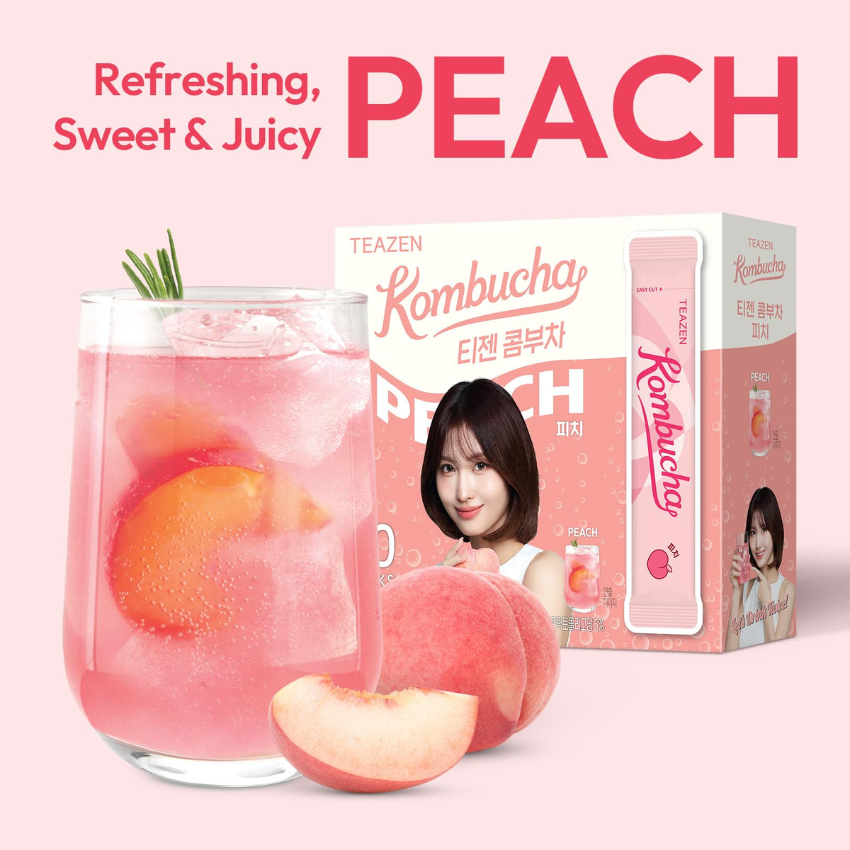 TEAZEN Peach Kombucha in a glass with ice for refreshing hydration.