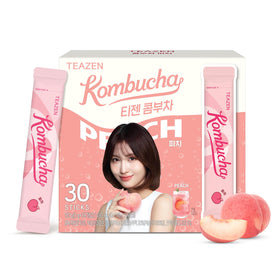 TEAZEN Peach Kombucha packaging with sticks, ideal for on-the-go hydration.