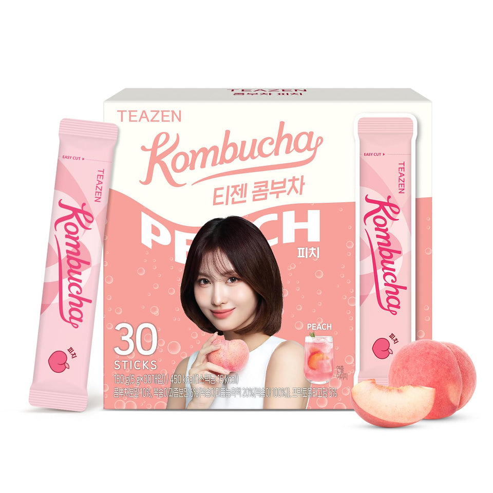 TEAZEN Peach Kombucha packaging with sticks, ideal for on-the-go hydration.