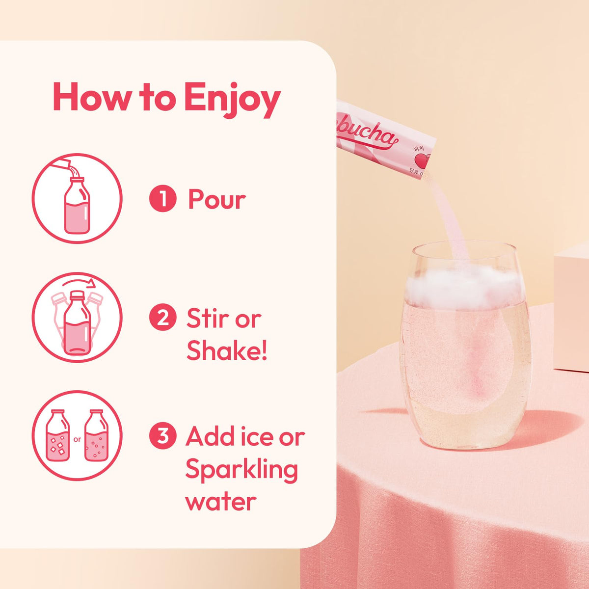 TEAZEN Peach Kombucha packet dissolves quickly in cold water for instant refreshment.
