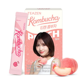TEAZEN Peach Kombucha Powder on-the-go packet for convenient hydration.