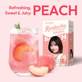 TEAZEN Peach Kombucha Powder packaging showing 10 packets.
