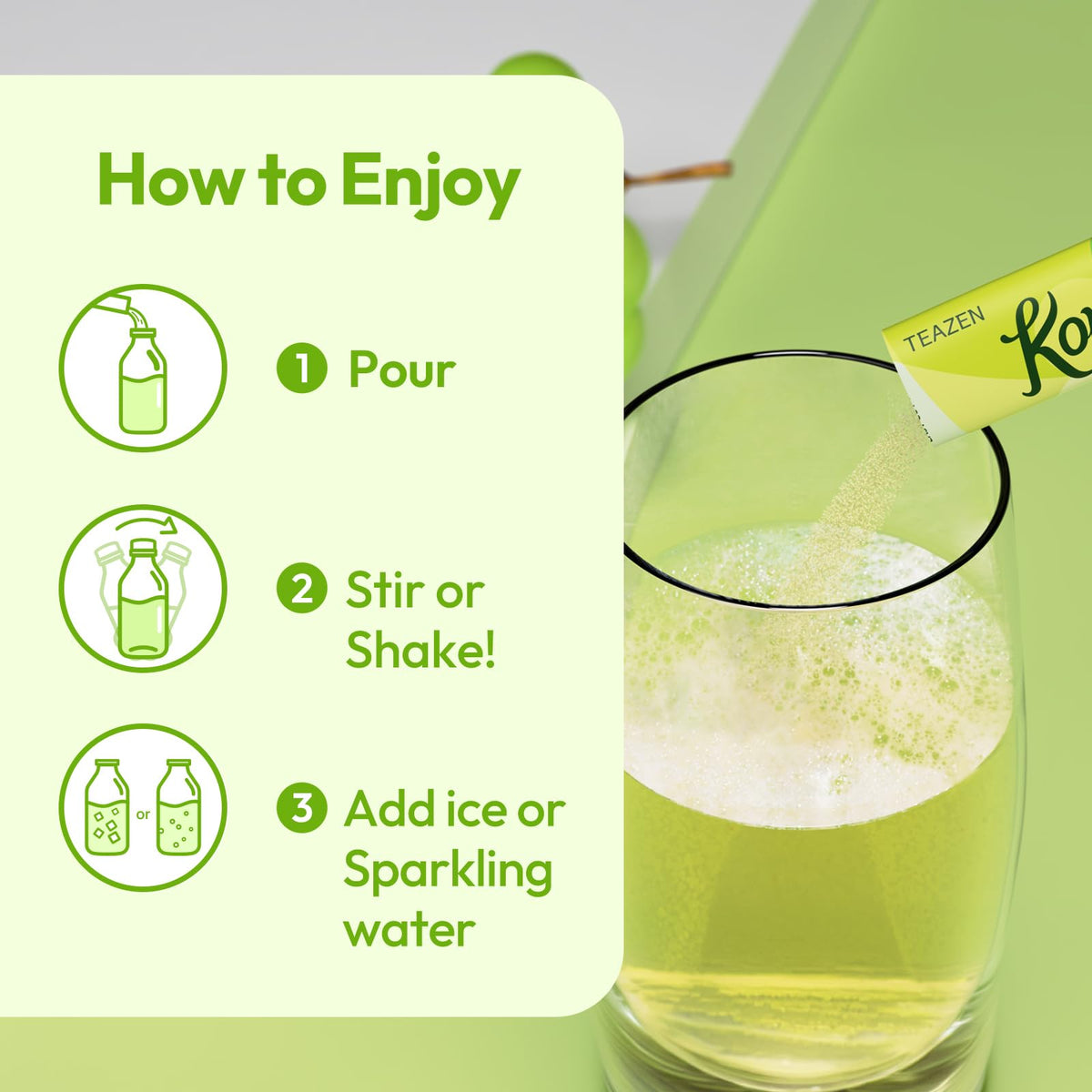 TEAZEN Shine Muscat packet close-up highlighting portable, mess-free format.
