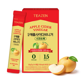 TEAZEN stick packs dissolving in water for a quick apple-pear ACV refresh.