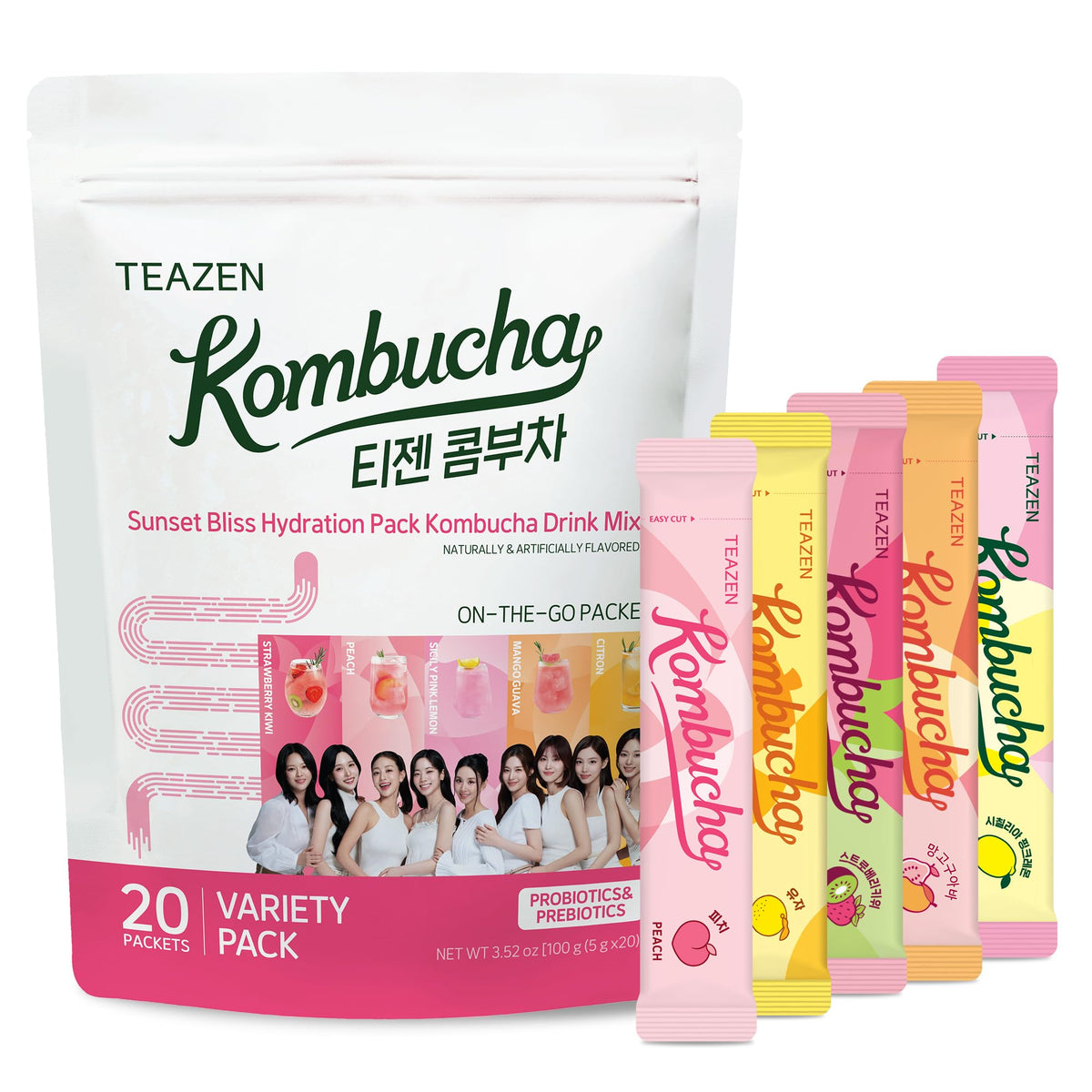 TEAZEN Sunset Bliss pack front view, travel-friendly probiotic drink mix for on-the-go hydration
