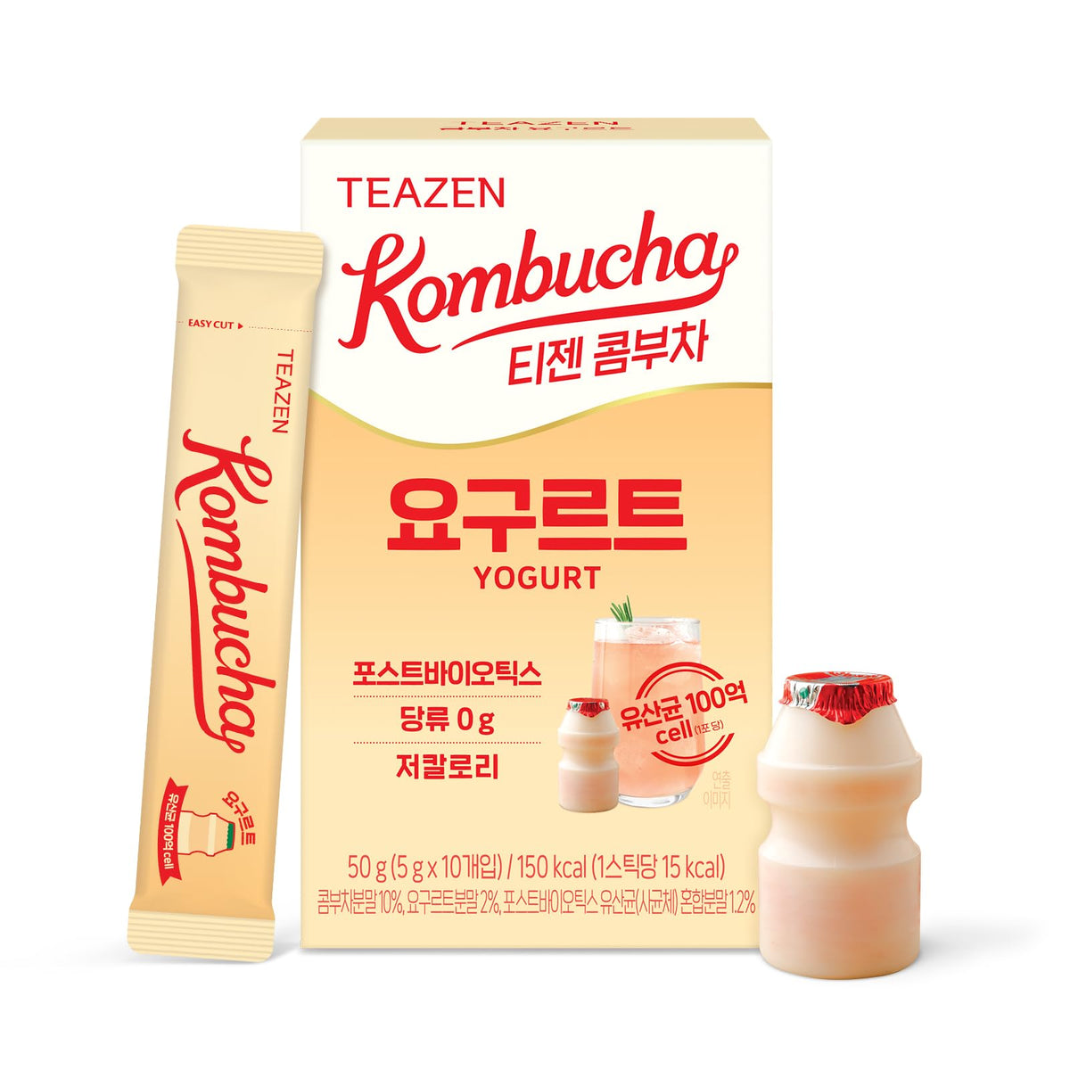 TEAZEN yogurt-flavored kombucha powder packet ready to mix for a sugar-free sip.