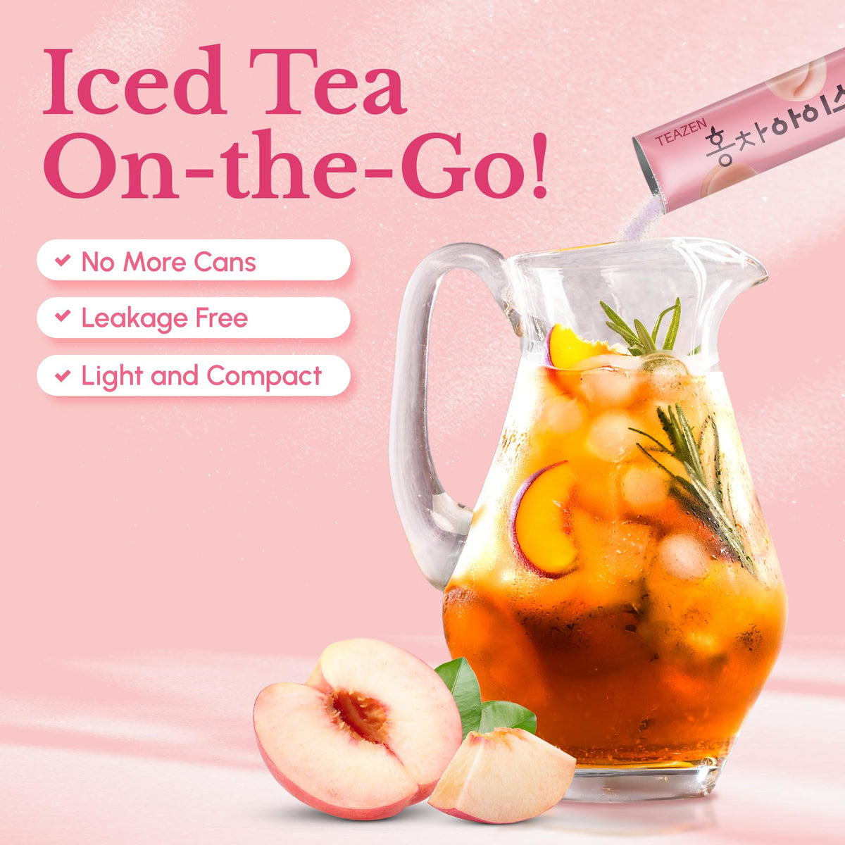 Teazen zero-sugar peach label emphasizes sugar-free beverage choice.