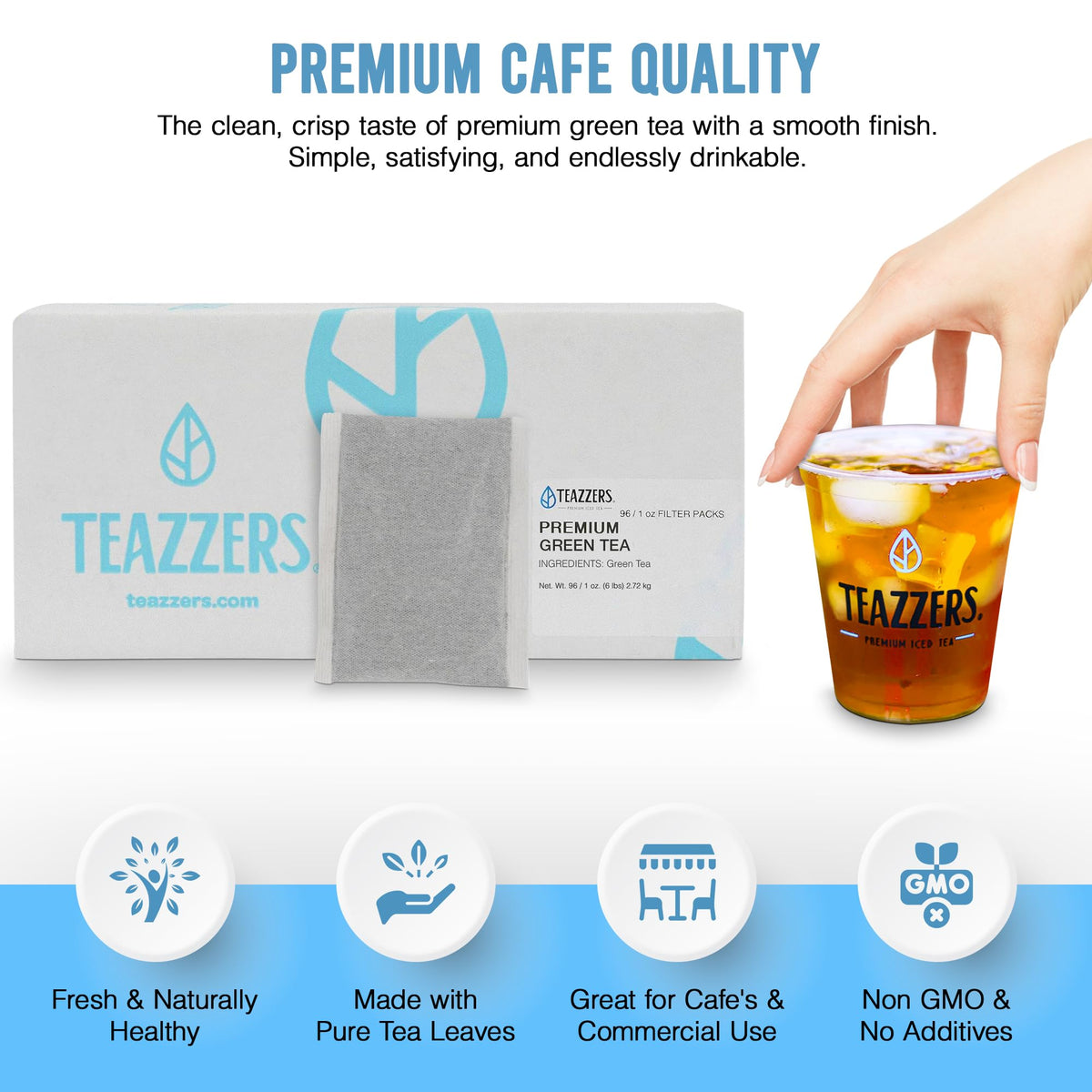 Teazzers green tea bags designed for high-volume restaurant use.
