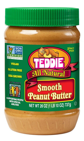 Teddie All Natural Smooth Peanut Butter jar with rich aroma, ideal for toast or sandwiches.