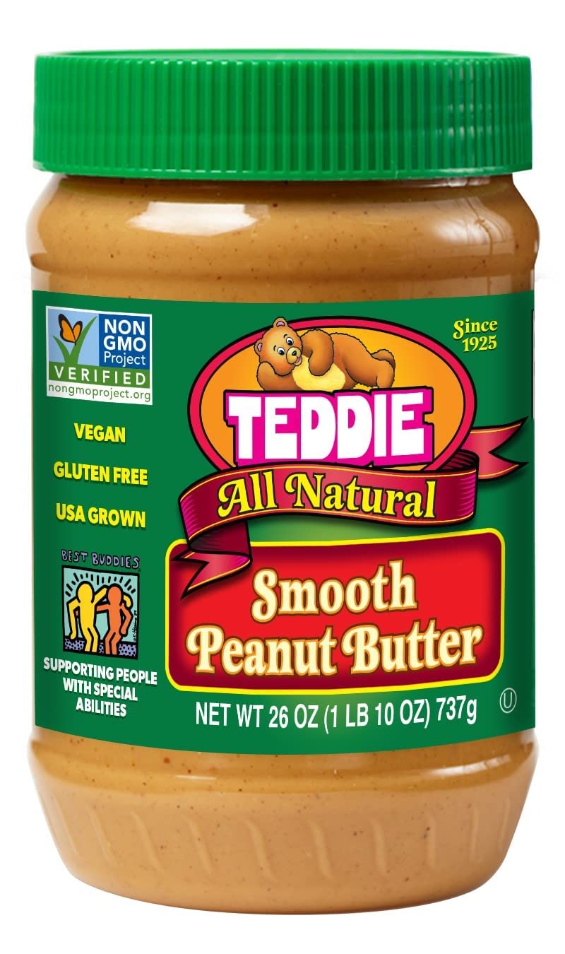 Teddie All Natural Smooth Peanut Butter jar with rich aroma, ideal for toast or sandwiches.