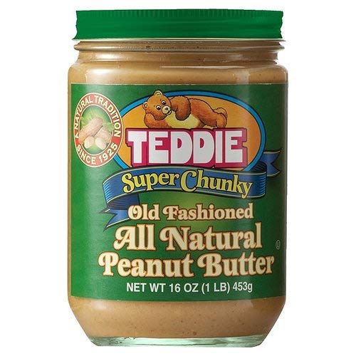 Teddie All Natural Peanut Butter Super Chunky in a glass jar, ideal for hearty sandwiches.
