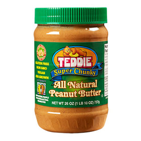 Teddie All Natural Peanut Butter Super Chunky jar front view, gluten-free and vegan.
