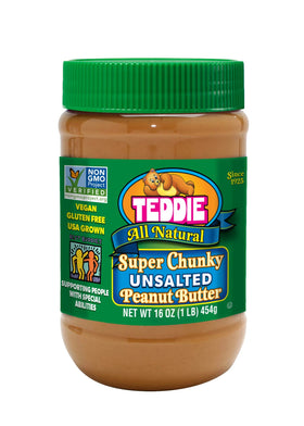 Teddie chunky unsalted peanut butter jar close-up showing natural texture for spreads