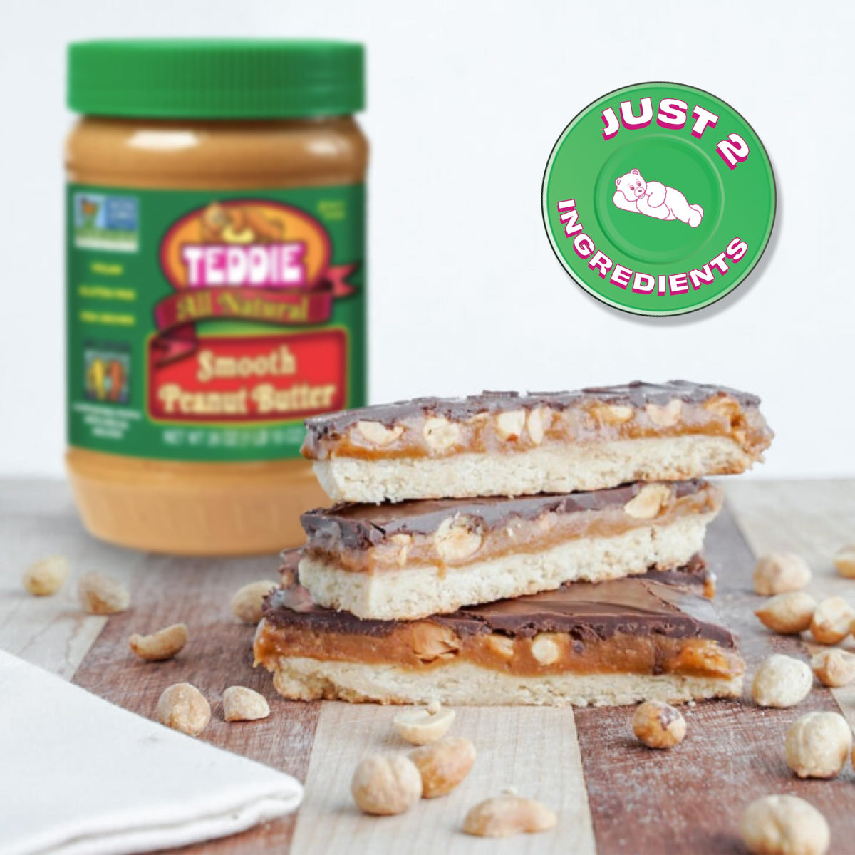 Teddie label confirms Non-GMO and gluten-free benefits for dietary needs.