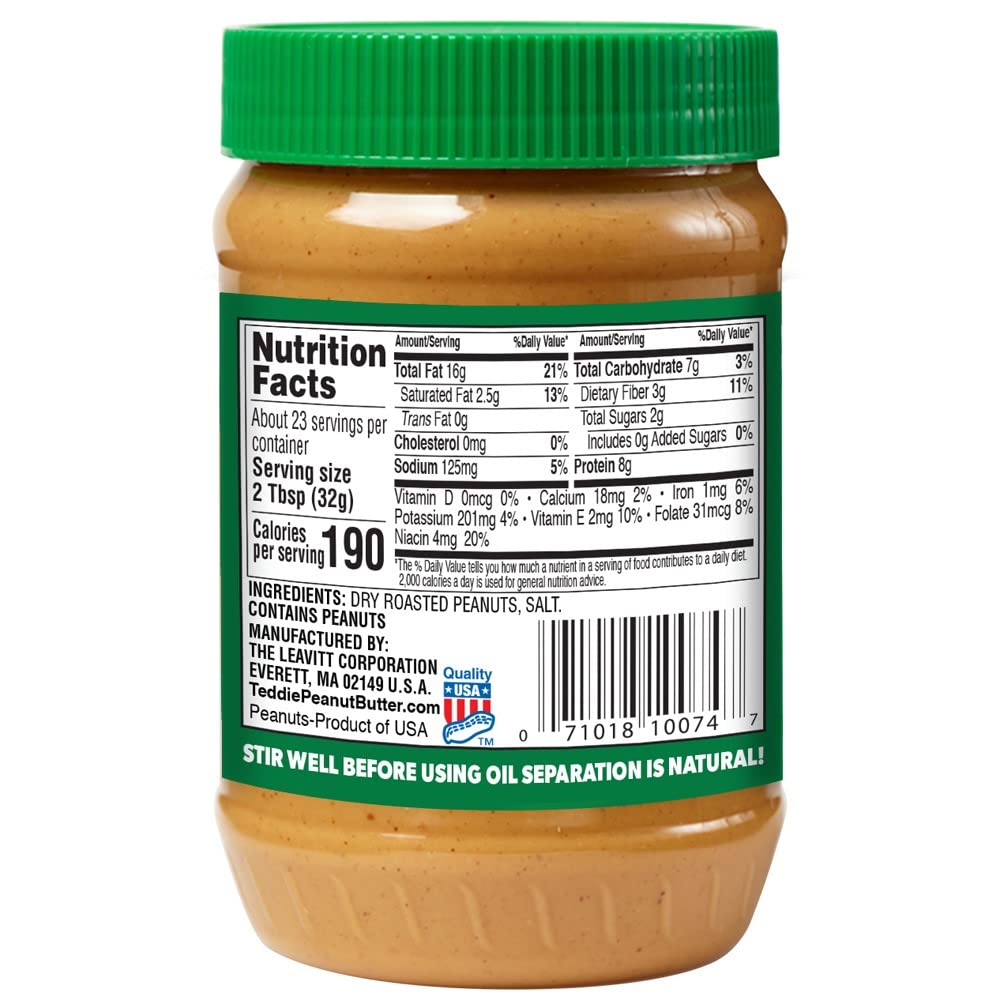 Closeup of Teddie Smooth peanut butter label highlighting clean ingredients.