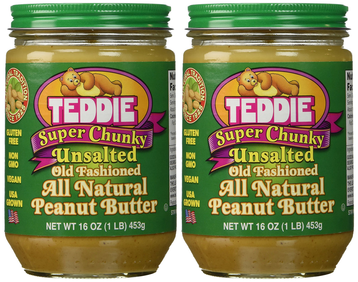 Teddie peanut butter super chunky unsalted jar, ideal for snacking and spreading on toast.