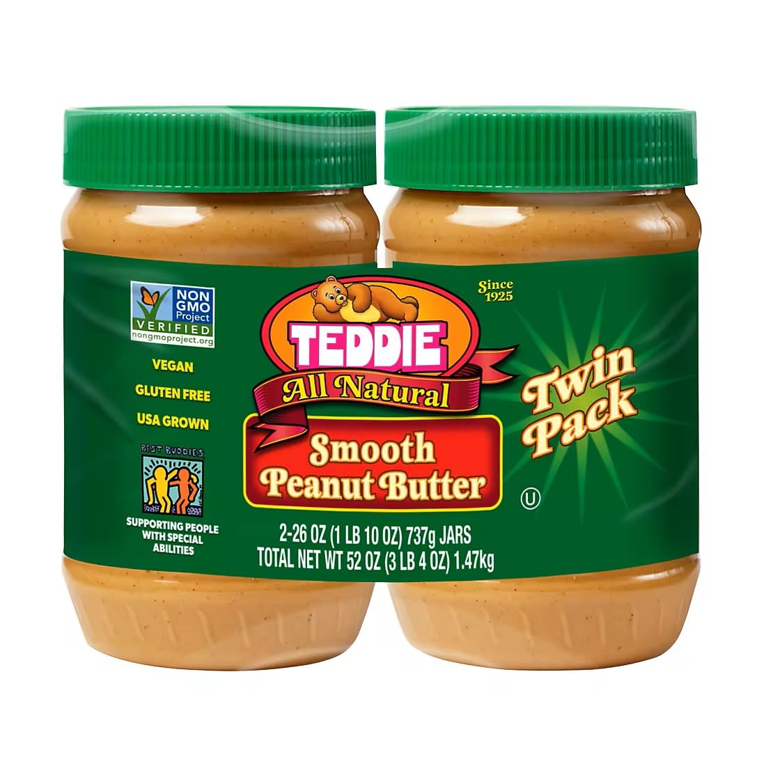 TEDDIE Smooth Peanut Butter jar showing creamy texture, perfect for toast or smoothies.