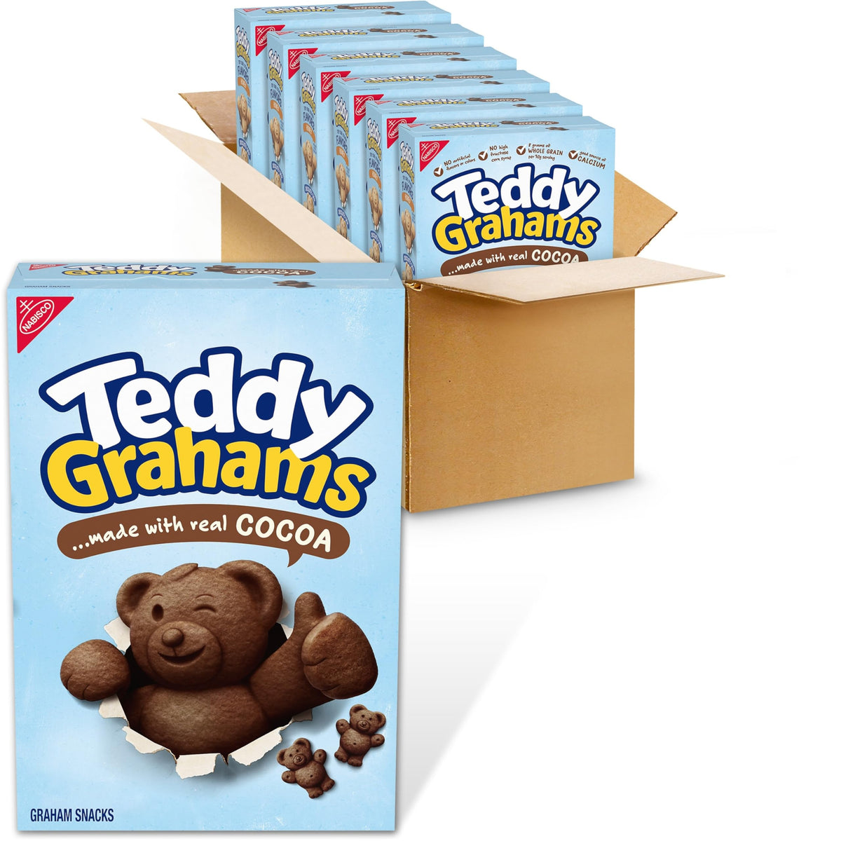 TEDDY GRAHAMS chocolate graham snacks six-pack boxes provide convenient bulk for families.