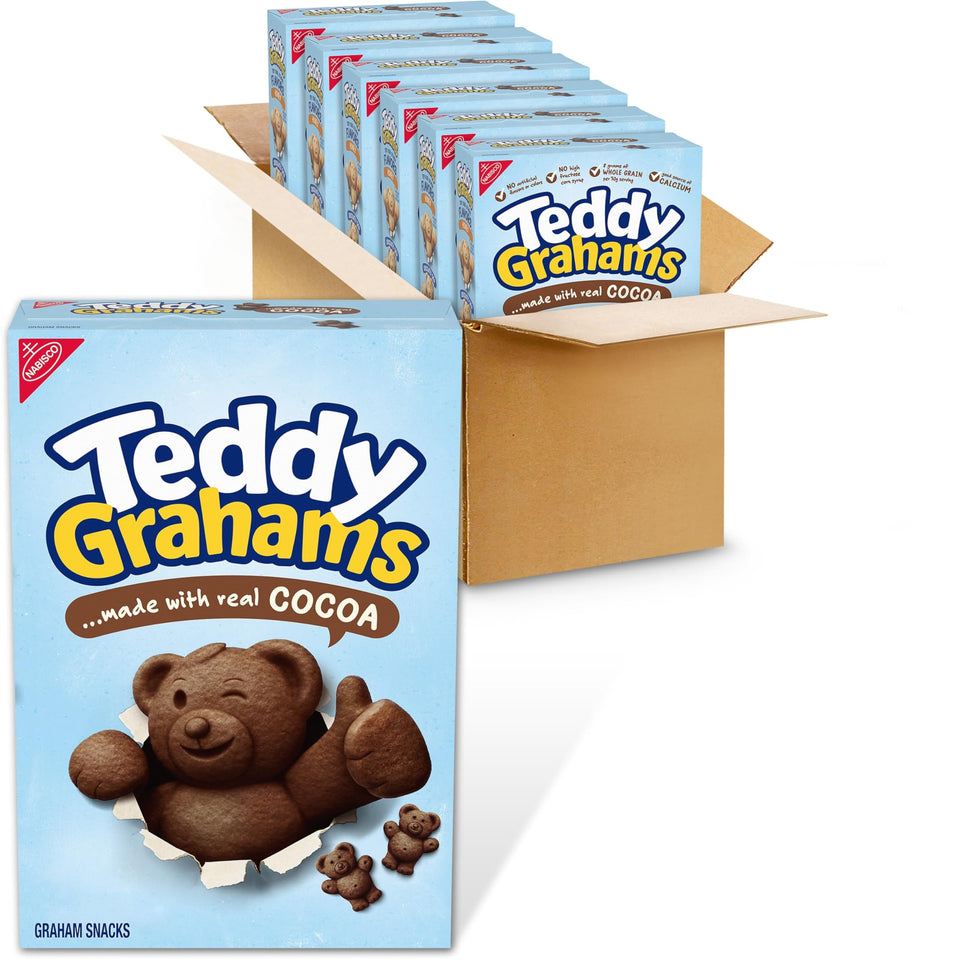 TEDDY GRAHAMS chocolate graham snacks six-pack boxes provide convenient bulk for families.