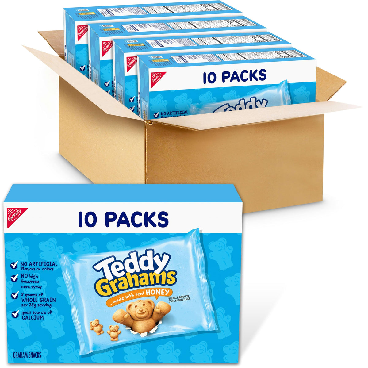 TEDDY GRAHAMS honey snack packaging variations for on-the-go snacks.