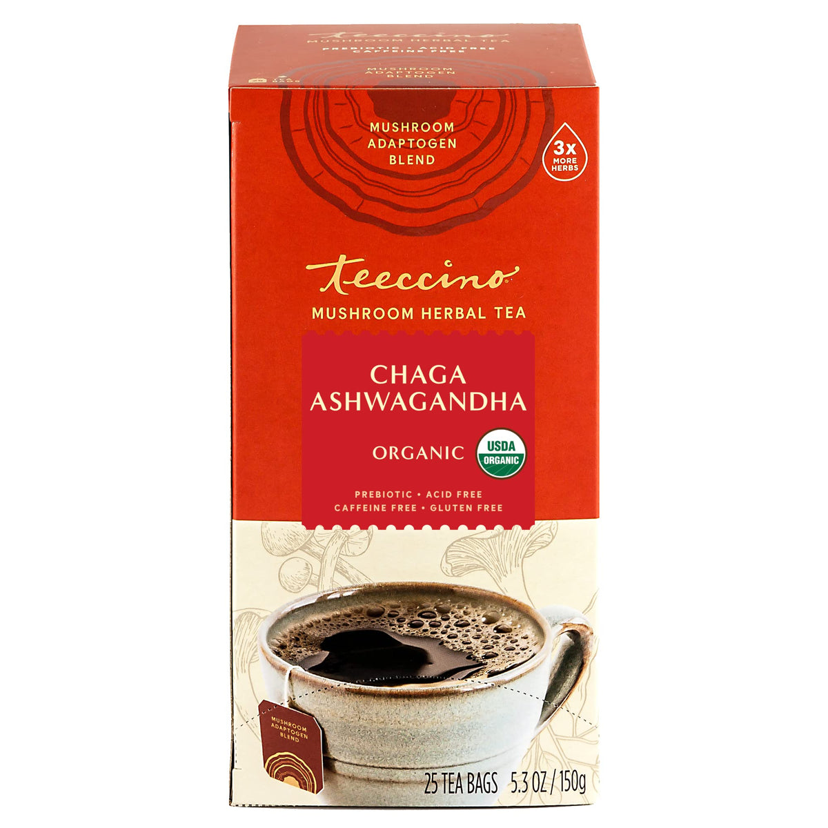Teeccino 25-tea-bags box on kitchen counter ready for tea time.