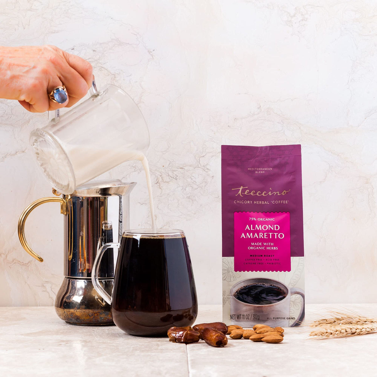 Cappuccino foam art emphasizes nutty almond notes