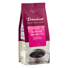 Teeccino Almond Amaretto Chicory packaging showing organic herbs and caffeine-free option