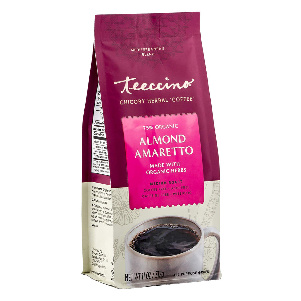 Teeccino Almond Amaretto Chicory packaging showing organic herbs and caffeine-free option