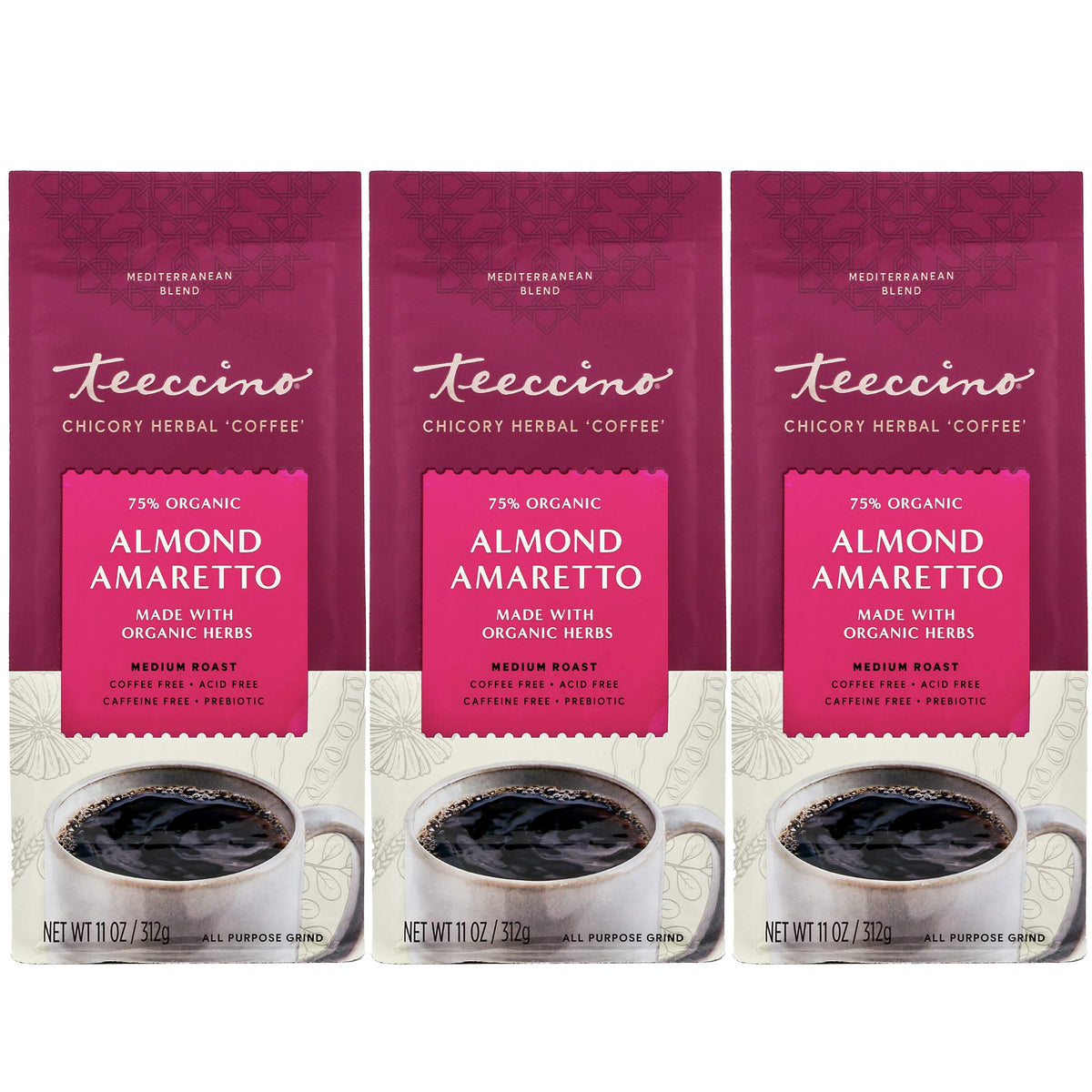 Teeccino Almond Amaretto chicory ground shows rich aroma and caffeine-free option